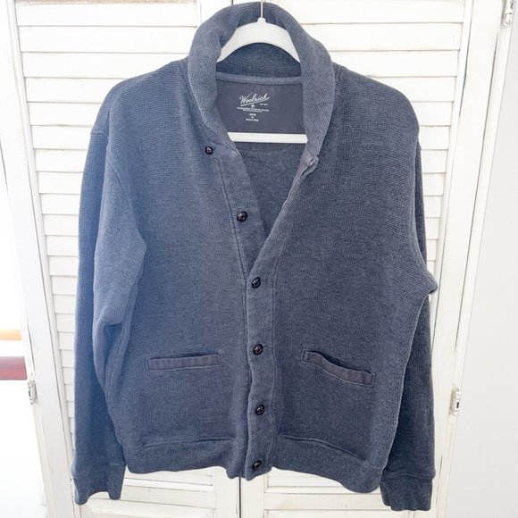 WOOLRICH Sweater Mens Med Gray Button Waffle Knit Cardigan Collared Cotton - Picture 1 of 7